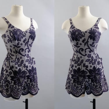 Vintage 50s Navy Floral Playsuit – Size 12/34 - Cotton One Piece with Pockets – Smocked Sides – Adjustable Straps – – Made in USA 