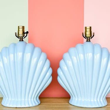 Pair of Coastal Blue Clam Shell Lamps