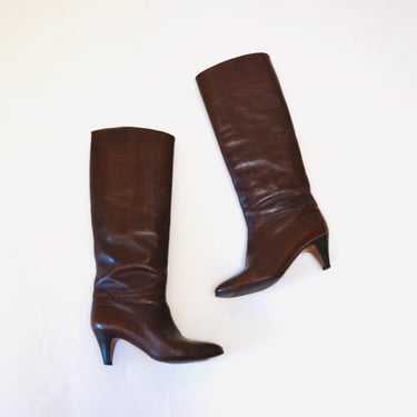 Vintage Brown Leather Boots Size 6 By Sesto Meucci// Vintage 80s Knee High Leather Boots High Heels Size 5 1/2 6 Brown Made in Italy 