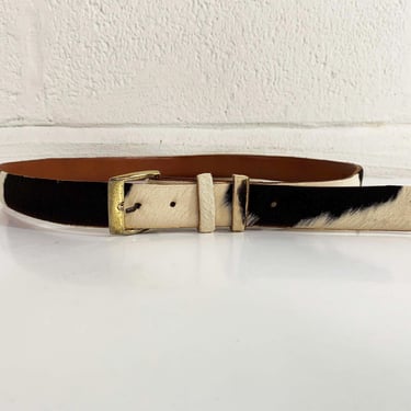 Vintage Calf Hair Leather Belt Black White Unisex Western Cowgirl Cowboy Rockabilly Country Southwestern Gold Metal Buckle Large 1960s 1970s 