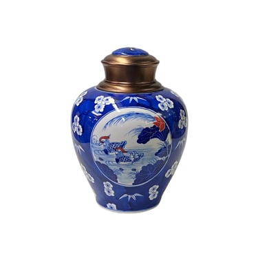 Oriental Blue White Flower Birds Porcelain Metal Lid Container Urn ws3182E 