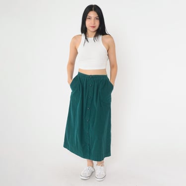 Vintage Green Corduroy Skirt 80s Exposed Button Up Midi Skirt High Waisted Straight Cut Retro Basic Plain Simple Fall 1980s Medium M 