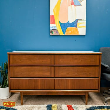 Mid-Century Modern walnut 6-drawer dresser with white laminate top