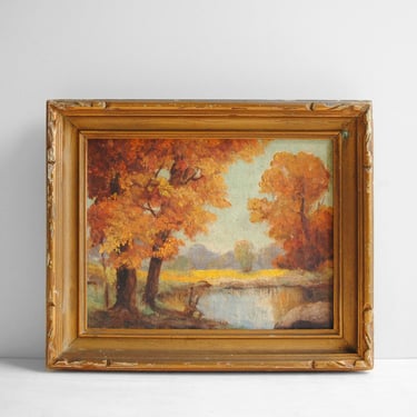 Vintage Fall Landscape Oil Painting of a Pond and Foliage 