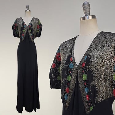 1930s Gown / Lamè Evening Gown / 1930s Dress / Hand Painted Dress / Metallic Embroidery / Size Large 