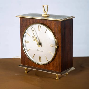 Mid Century Modern Clock Mantle Brass Wood Case Seth Thomas Electric Working VG