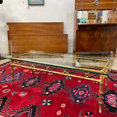 Vintage Hollywood Regency Gold Metal Faux Bamboo Coffee Table