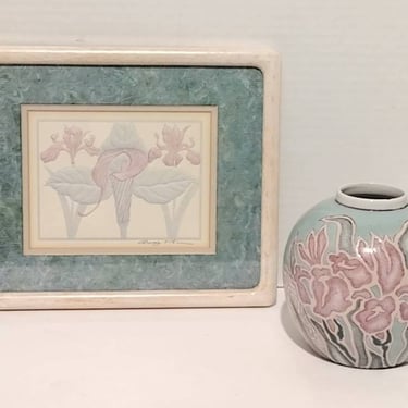 Vintage Artist Signed Embossed Paper Mixed Media & Floral Ceramic Vase Set Home Decor 