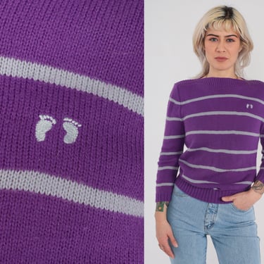 Hang Ten Sweater 80s Purple Striped Sweater Pullover Knit Boatneck Retro Surfer Logo Basic Boat Neck Casual Grey Vintage 1980s Acrylic Small 