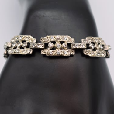 30's Art Deco rhinestones pot metal bracelet, elegant Gatsby style bling rectangle links wristlet 