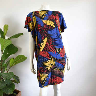 80s Ann Klein Knitwear Tropical T-shirt Dress - M 