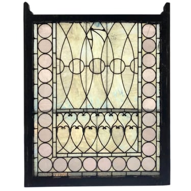 Antique American Tiffany Studios Stained, Leaded Opalescent Glass Pine Frame Sash Window c. 1890 