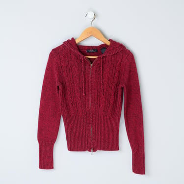 Vintage Y2k Dark Red Marled Cable Knit Zip-up Fitted Hoodie - 2000s clothes, ribbed sweater - Women's S 