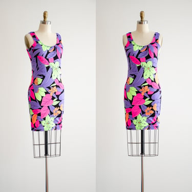 neon spandex dress 80s vintage Carabella dayglo floral bodycon mini dress 