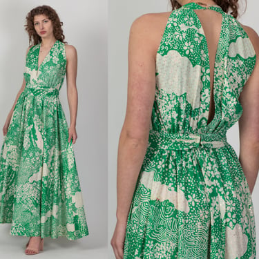 60s 70s Psychedelic Metallic Maxi Dress, As Is - Small | Vintage Boho Floral Keyhole Back Green Belted V Neck Hippie Gown 