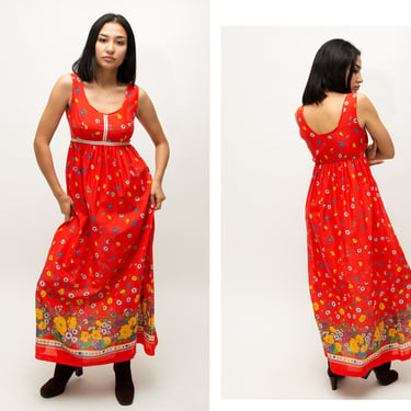 Vintage 1970s 70s Lightweight Cotton Red Psychedelic Garden Floral Empire Waist Maxi Dress Gown 