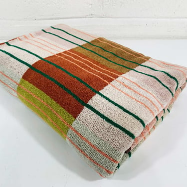 Vintage Striped Beach Towel Cotton Orange Green Stripe Cecil Saydah Extra Large Bath Sheet 1980s 1970s 