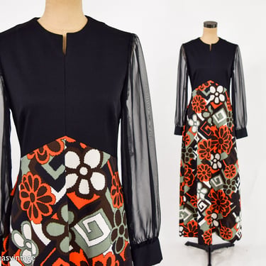 1970s Black & Orange Print Maxi Dress | 70s Black Tiki Print Maxi | Forever Young | Medium 