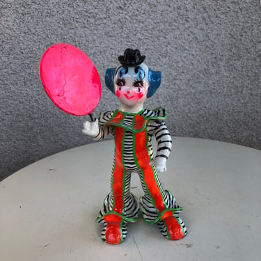 Vintage paper mache striped neon Clown with balloon on wire Made in Mexico Size 7” 3.5” 