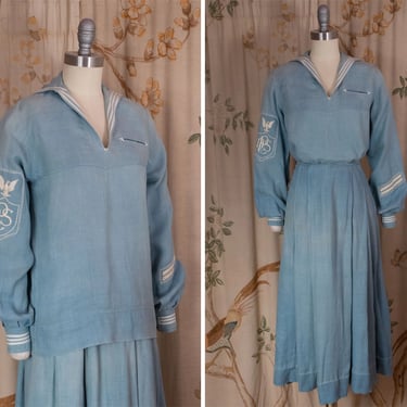 1920s Middy Suit - Rare Early 20s Hofflin Middy Blue Linen Middy Set with Sailor Blouse and Pleated Skirt 