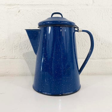 Vintage Navy Blue Enamel Teapot Poland Handle Danish Style Farmhouse Decor Splatter Speckled Mid-Century Kitchen Home Retro 1970s 