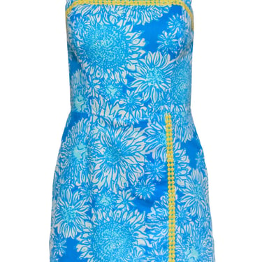 Lilly Pulitzer - Blue & White Floral Cotton Dress w/ Yellow Trim Sz 0