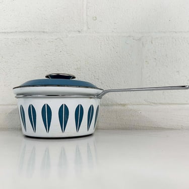 Vintage Cathrineholm Enamel White Blue Saucepan Sauce Pan Norway Catherineholm Norwegian Scandinavian Covered Pot 1960s 1950s 