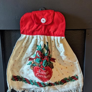 Vintage Season's Greeting Oven Hanging Dish Towel, Vintage Christmas Tea Towel, Vintage Christmas Decor 