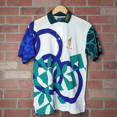 Vintage 1996 Atlanta Olympics OORIGINAL All Over Print Polo Tee - Small 