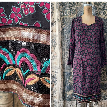Vintage ‘90s floral print kurta, tunic dress | sequin border, M 