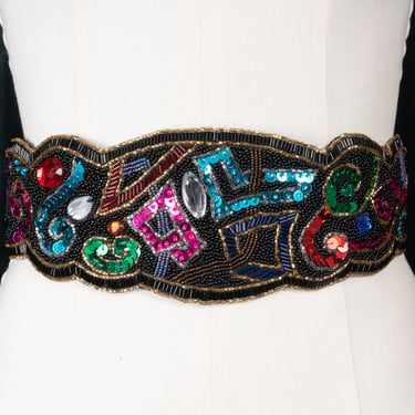 80s Milor Beaded and Sequined Wide Satin Belt 