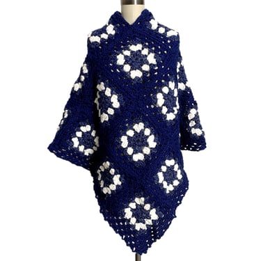 Navy blue and white granny square poncho 