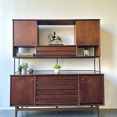 Mid Century Modern Walnut Two Piece Hutch by Stanley Furniture 