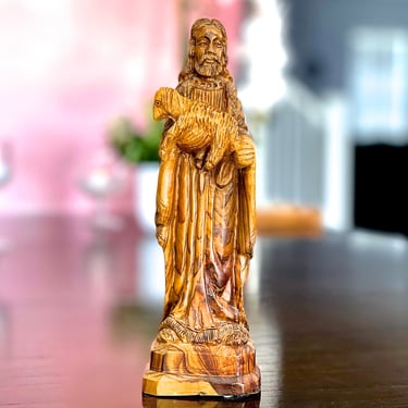 VINTAGE: 8.25" Olive Wood Jesus Figurine - Hand Carved Wooden Statue - Hand - Holy Land - Religion 