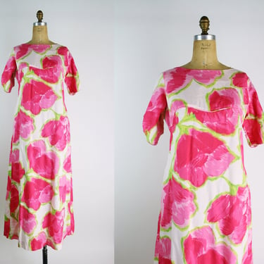 60s Pink Hawaiian Maxi Dress / Vintage Hawaiian Dress / 60s Floral Dress / Size S/M 