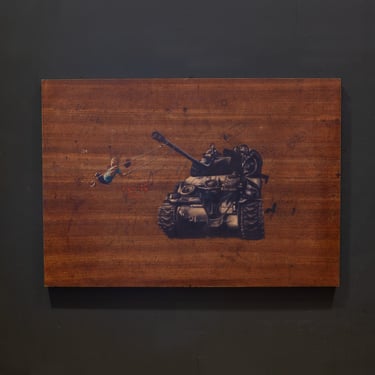 Banksy Style, Boy Swinging from a Tank, Print on Wood