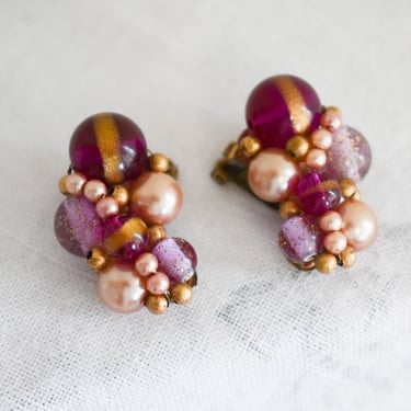 1960s Purple Bead Cluster Clip Earrings 