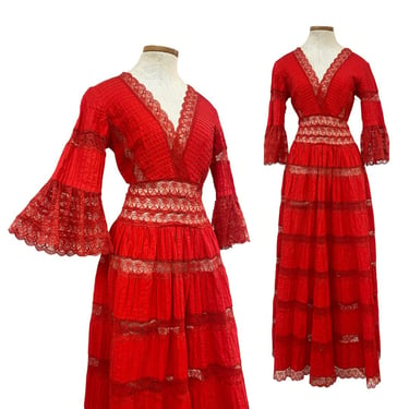 Vtg 60s Blood Red Lace Bell Sleeve Mexican Pintuck Wedding Bridal Maxi Dress 