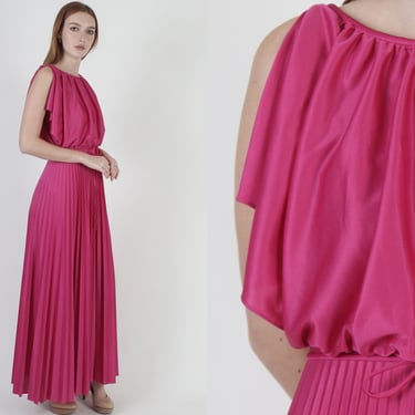 vintage 70s Grecian Goddess Dress / Disco Lounge Sweeping Split Sleeve Dress / Magenta Toga Party Maxi Dress 