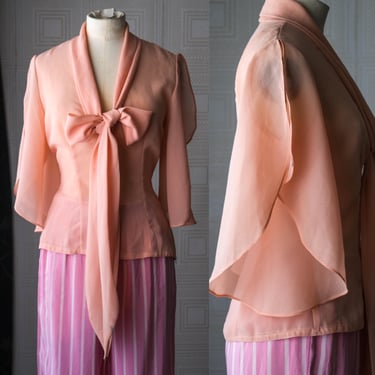 Vintage 70s HAND MADE Blush Pink Semi Sheer Blouse w/ Attached Bow Tie Neckline & Split Cape Bohemian Sleeve | 1970s Designer Chic Sheer Top 