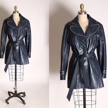 1970s Dark Blue and White Contrast Stitching Long Sleeve Button Down Belted Leather Jacket by Ms. Pioneer -M 