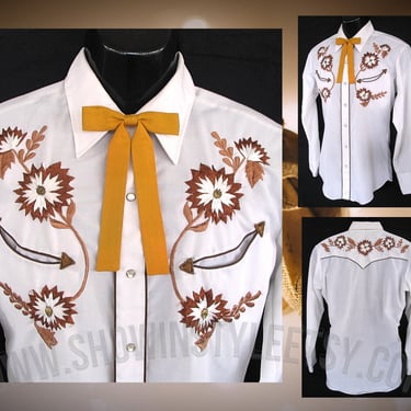 Vintage Western Men's Cowboy and Rodeo Shirt by Tem Tex, White with Embroidered Brown & Gold Flowers, Tag Size 16-34 (see meas. photo) 