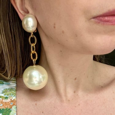 French Huge Pearl Chain Drop Clip On Earrings