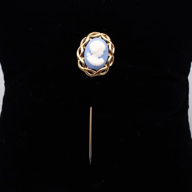 50's Napier blue & white plastic cameo stick pin, ornate woman's portrait gold tone metal hat pin 