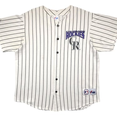 Vintage 90s Majestic Colorado Rockies Baseball Pinstriped Made in USA MLB Cotton Jersey T-Shirt Size XL 