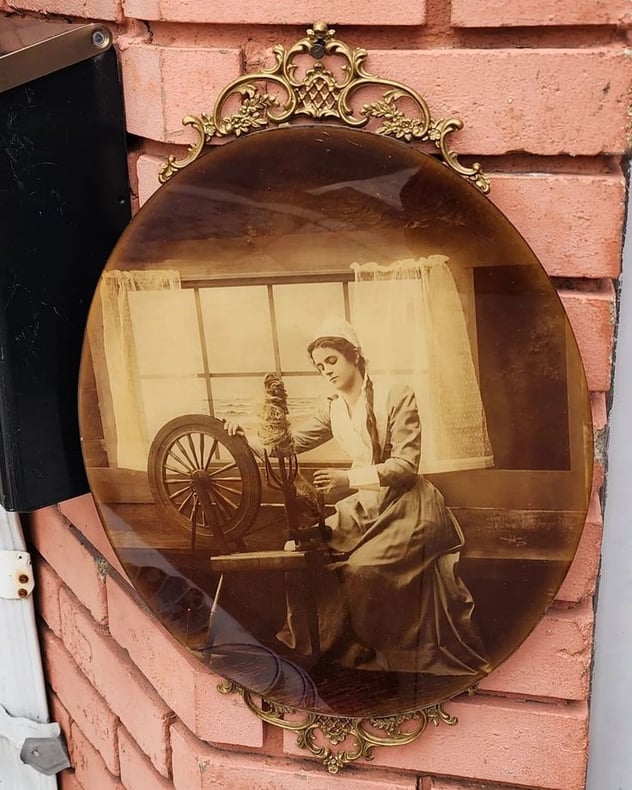 Mounted 1890 Photograph of Woman at Spinning Wheel.