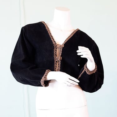 1970s raw suede bolero - black cropped fit top and/or jacket with olive suede lacing trim 