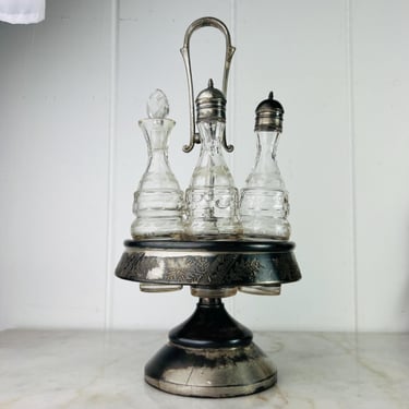 Vintage Victorian Meriden & Co Cut Glass and Silver Plate Cruet Set on Stand, Three bottles: salt, pepper and oil, tableware, lovely patina 