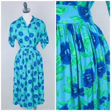 1990s Vintage Gregge Blue and Green Rose Print Set / 90s / Button Up Blouse and High Waisted Floral Rayon Skirt / Size Small 