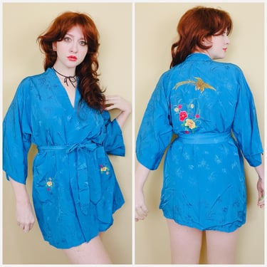 1970s Vintage Health China Rayon Mini Robe / 70s Phoenix Floral Embroidered Turquoise Kimono Robe / Size Small - Medium 